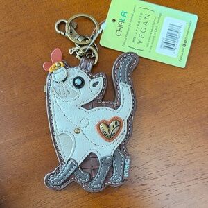 Chala Cream & Brown Cat Keychain / change purse with Heart Charm